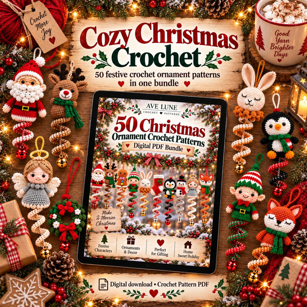 50 Christmas Crochet Ornament Patterns PDF Bundle – Holiday Decorations, 7 Languages, Digital Download