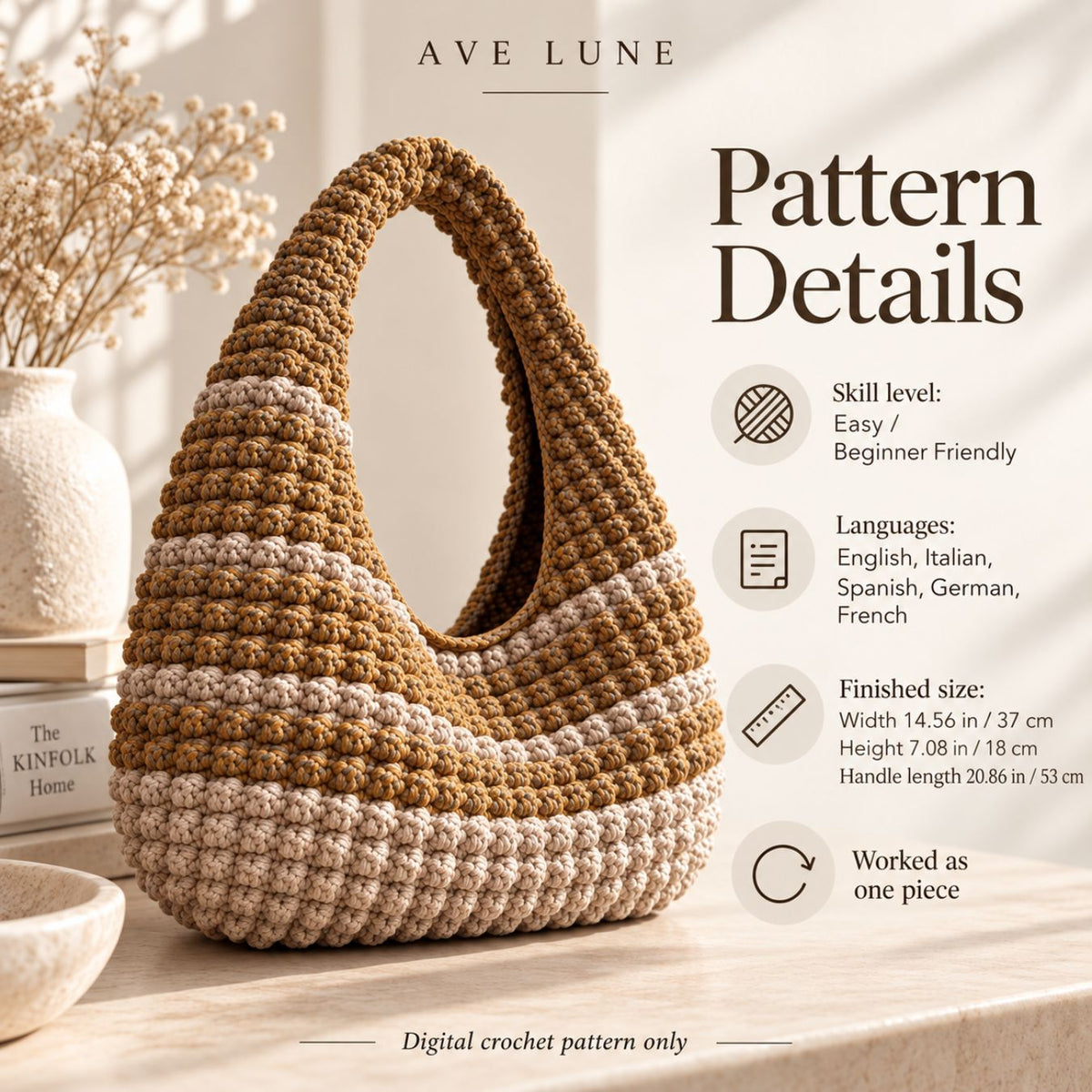 Crochet Hobo Bag Pattern PDF – Beginner-Friendly One-Piece Slouchy Shoulder Bag, 5 Languages
