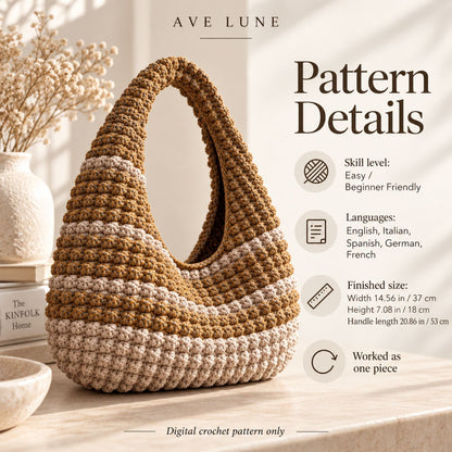 Crochet Hobo Bag Pattern PDF – Beginner-Friendly One-Piece Slouchy Shoulder Bag, 5 Languages