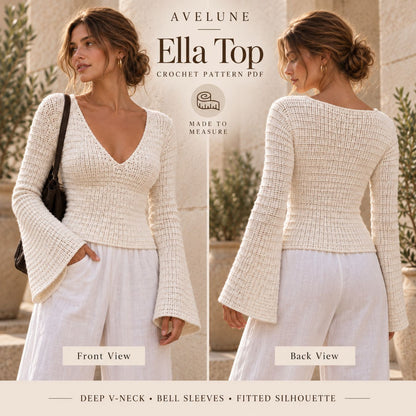 Ella Top Crochet Pattern PDF – Made-to-Measure Seamless V-Neck Top with Bell Sleeves