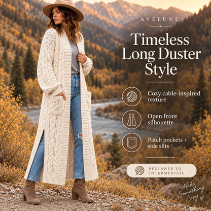 Willow Cable Duster Cardigan Crochet Pattern PDF – Long Textured Cardigan