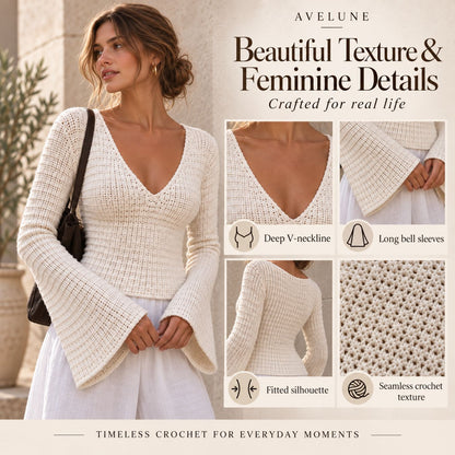 Ella Top Crochet Pattern PDF – Made-to-Measure Seamless V-Neck Top with Bell Sleeves