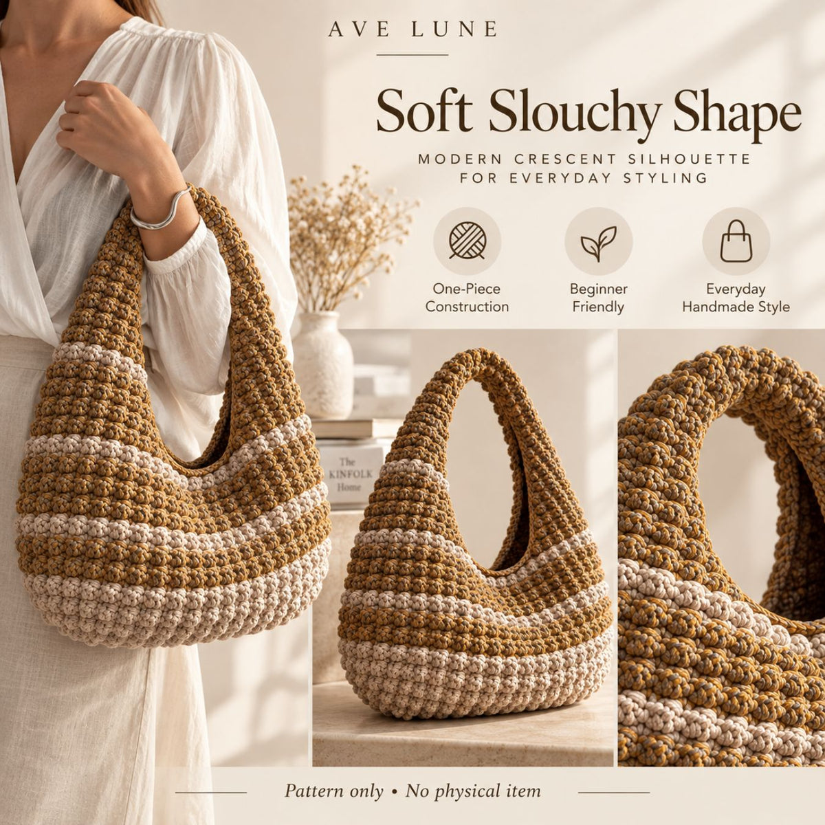 Crochet Hobo Bag Pattern PDF – Beginner-Friendly One-Piece Slouchy Shoulder Bag, 5 Languages