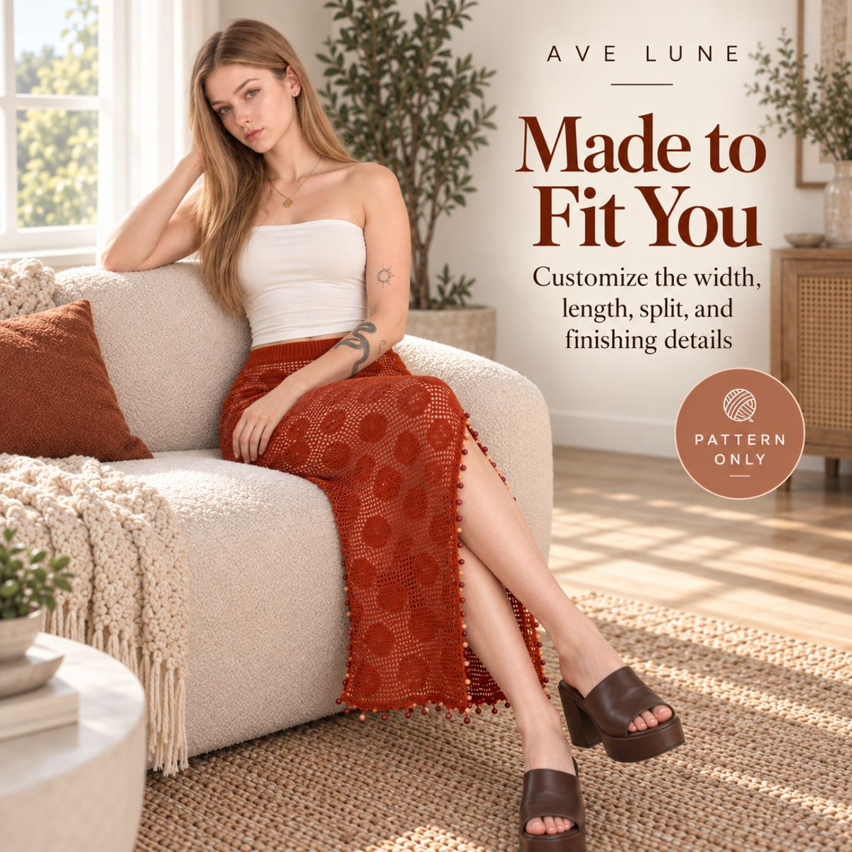Sienna Polka Dot Maxi Skirt Crochet Pattern PDF – Made-to-Measure Filet Crochet Skirt with Side Slit