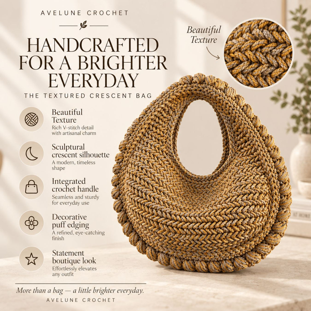 Textured Crescent Bag Crochet Pattern PDF – Easy Crochet Handbag Pattern, 5 Languages, Instant Download