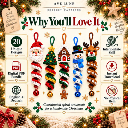 20 Christmas Crochet Spiral Patterns PDF Bundle – Holiday Ornaments, English & German Digital Download
