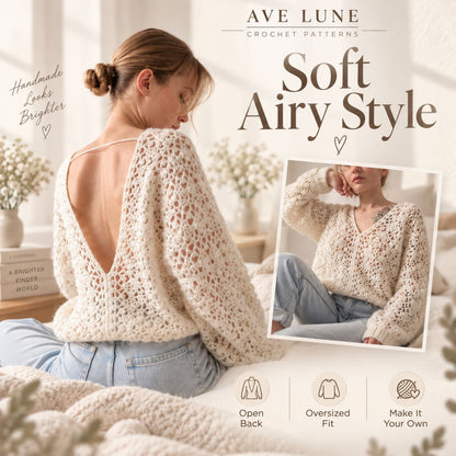Luna Open Back Sweater Crochet Pattern PDF – Made-to-Measure Oversized Lace Sweater