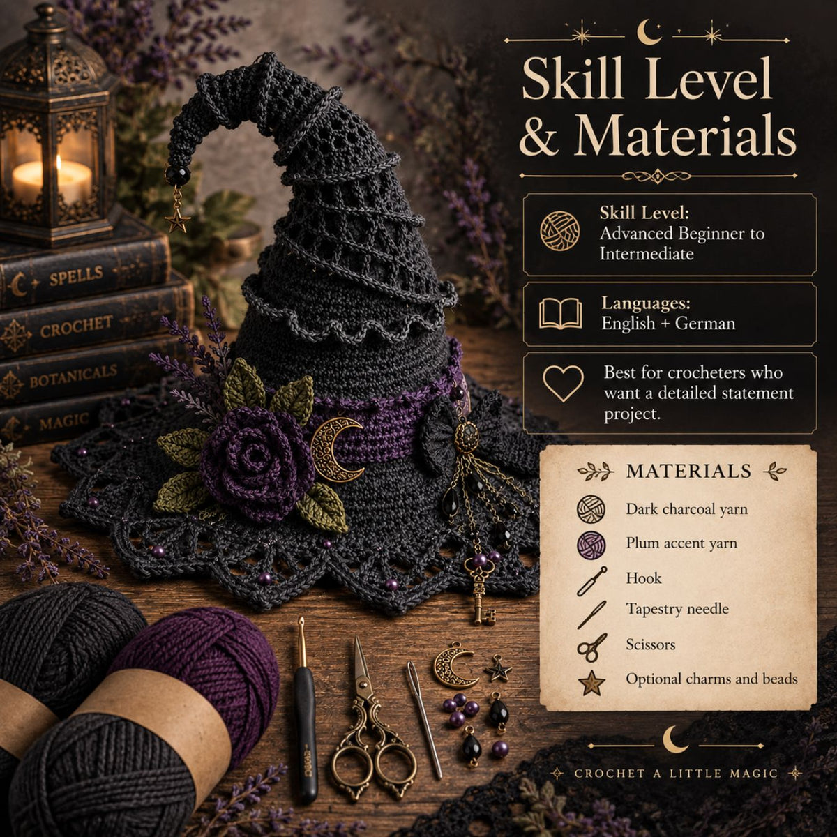 Moonlit Thorn Lace Witch Hat Crochet Pattern PDF – Gothic Witch Hat Pattern, English + German