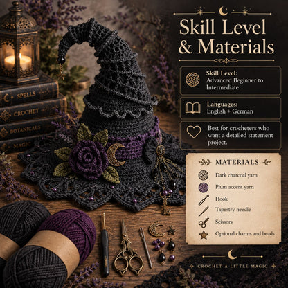 Moonlit Thorn Lace Witch Hat Crochet Pattern PDF – Gothic Witch Hat Pattern, English + German