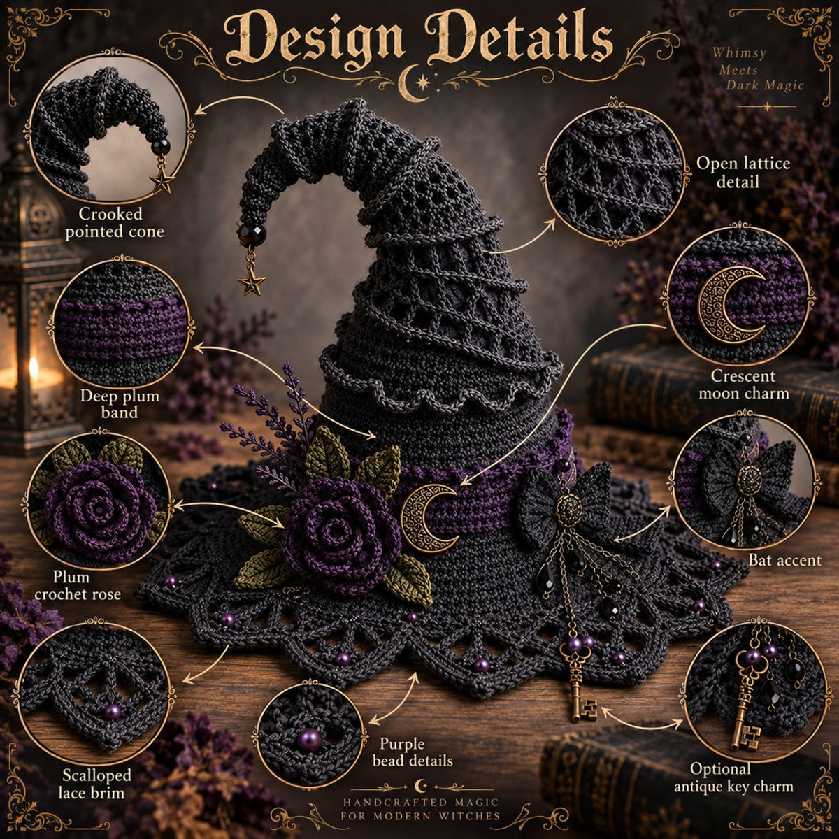 Moonlit Thorn Lace Witch Hat Crochet Pattern PDF – Gothic Witch Hat Pattern, English + German