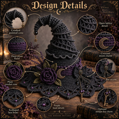 Moonlit Thorn Lace Witch Hat Crochet Pattern PDF – Gothic Witch Hat Pattern, English + German