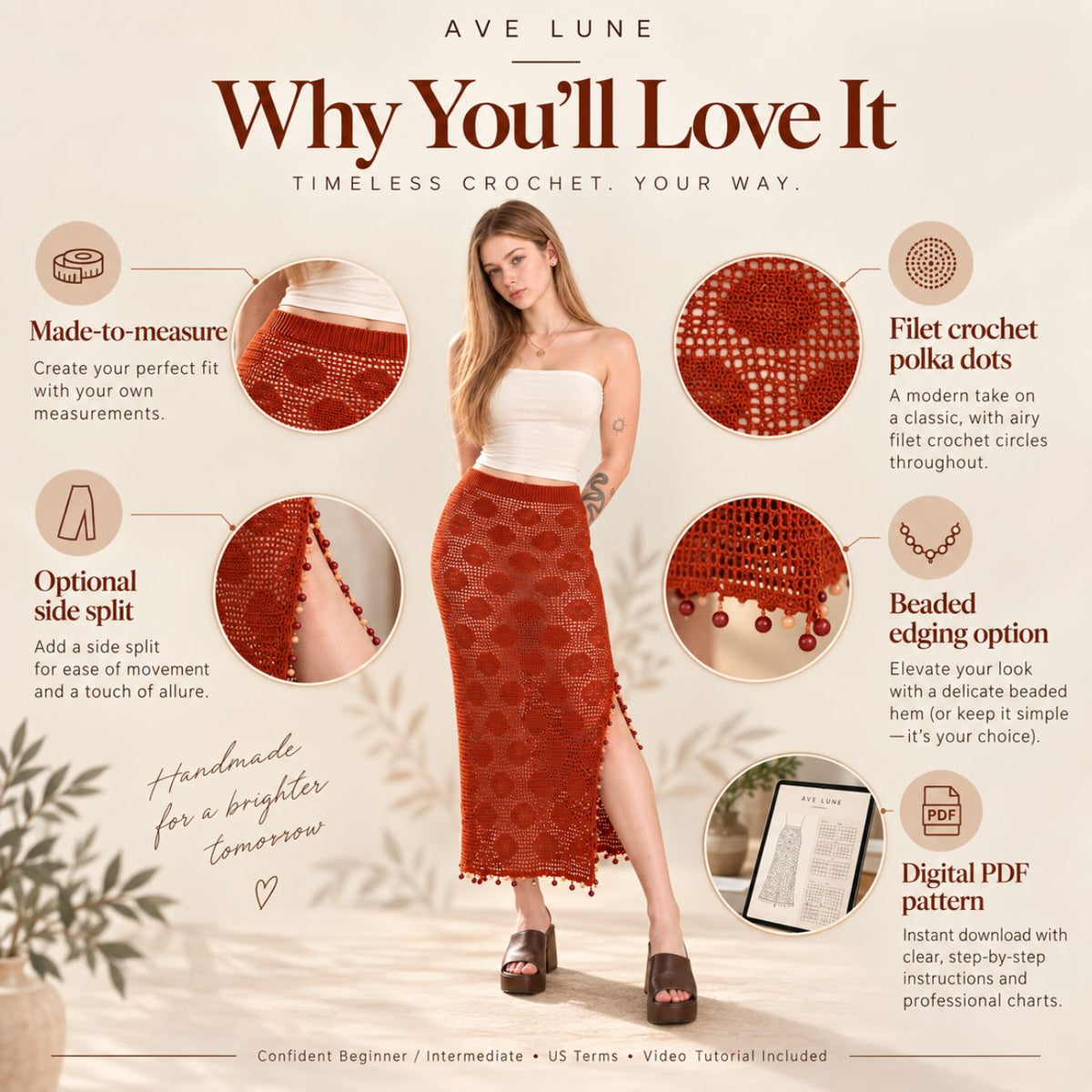 Sienna Polka Dot Maxi Skirt Crochet Pattern PDF – Made-to-Measure Filet Crochet Skirt with Side Slit