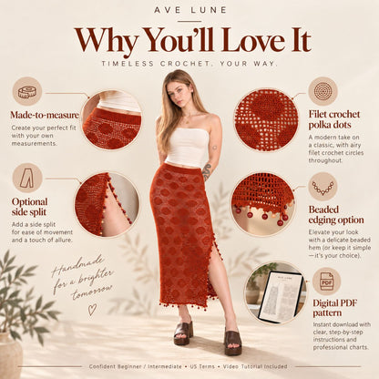 Sienna Polka Dot Maxi Skirt Crochet Pattern PDF – Made-to-Measure Filet Crochet Skirt with Side Slit