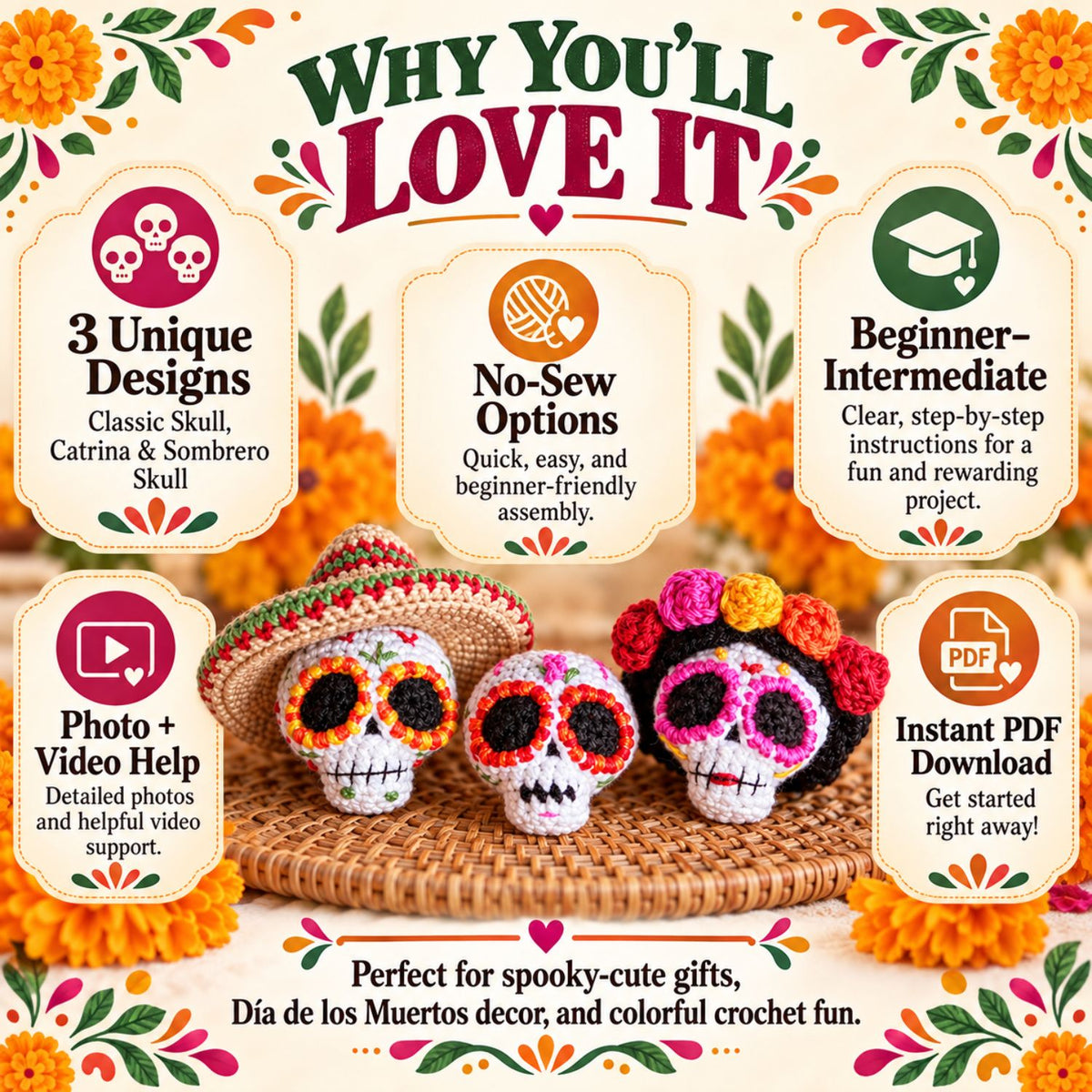 Sugar Skull Trio – 3 Crochet Patterns PDF