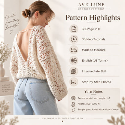 Luna Open Back Sweater Crochet Pattern PDF – Made-to-Measure Oversized Lace Sweater