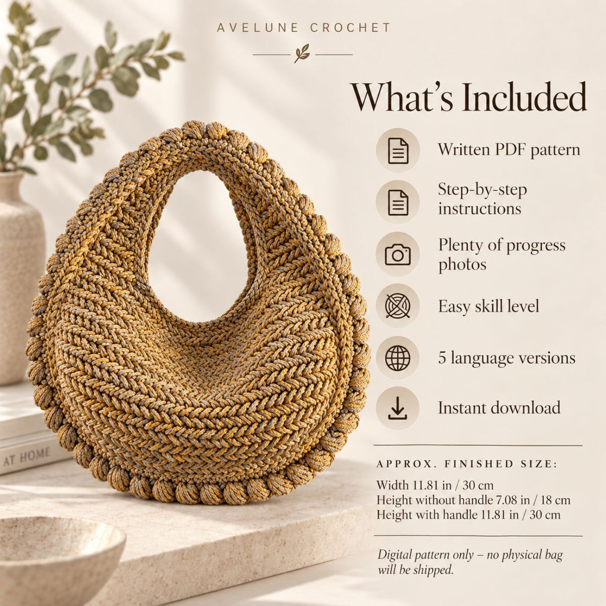 Textured Crescent Bag Crochet Pattern PDF – Easy Crochet Handbag Pattern, 5 Languages, Instant Download