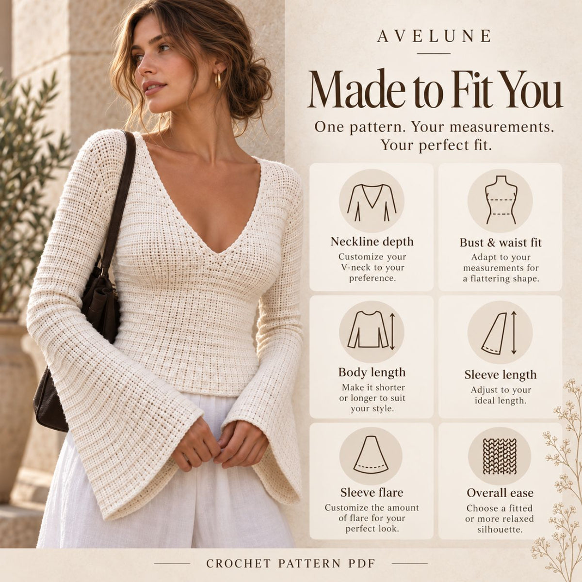 Ella Top Crochet Pattern PDF – Made-to-Measure Seamless V-Neck Top with Bell Sleeves