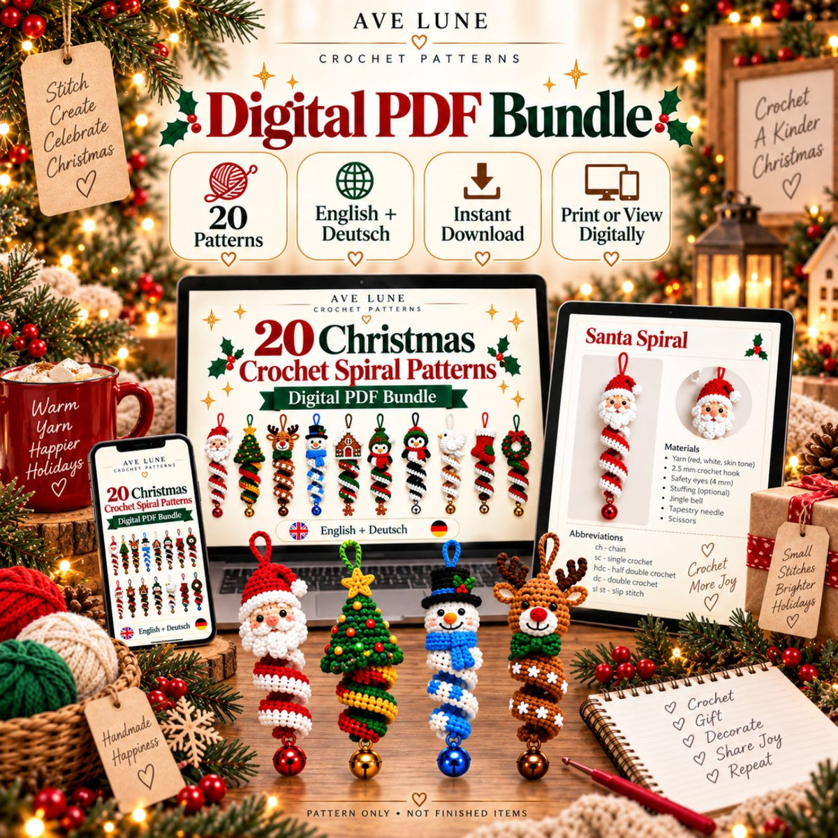 20 Christmas Crochet Spiral Patterns PDF Bundle – Holiday Ornaments, English & German Digital Download