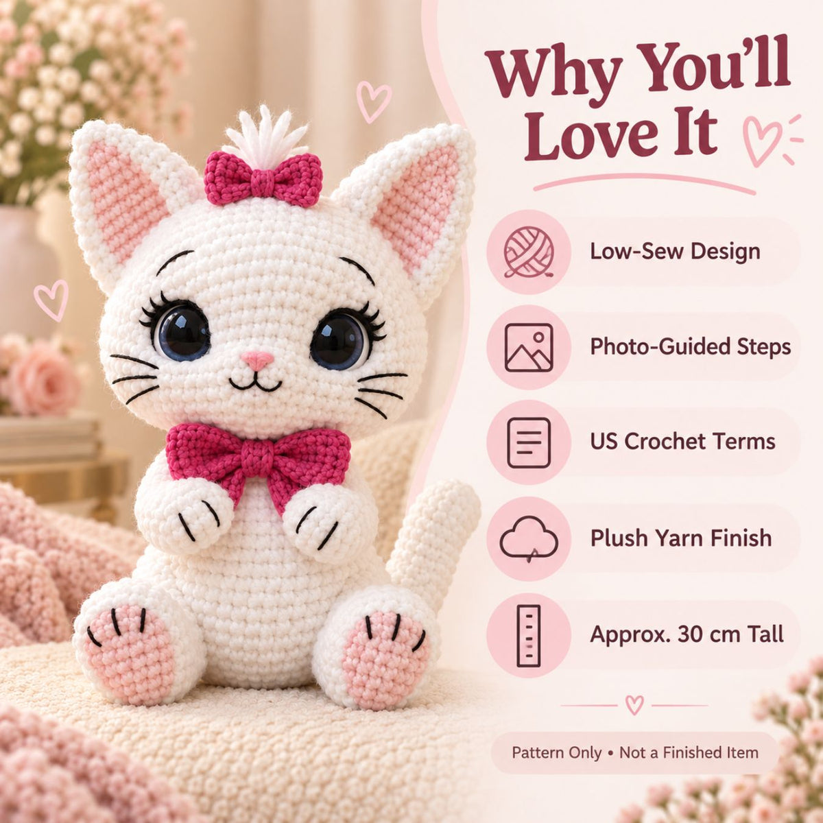 Kitty with Bow Crochet Pattern PDF – Plush Cat Amigurumi Pattern, English US Terms