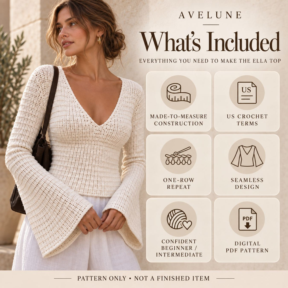 Ella Top Crochet Pattern PDF – Made-to-Measure Seamless V-Neck Top with Bell Sleeves