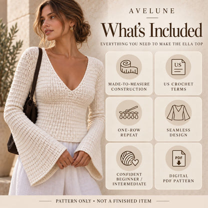 Ella Top Crochet Pattern PDF – Made-to-Measure Seamless V-Neck Top with Bell Sleeves