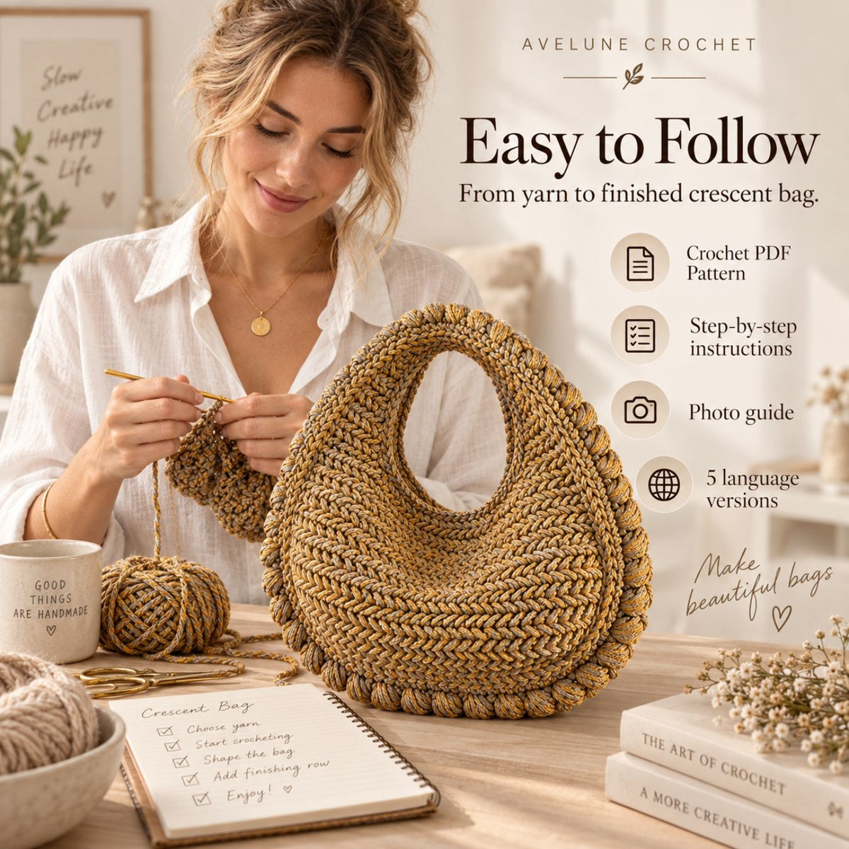 Textured Crescent Bag Crochet Pattern PDF – Easy Crochet Handbag Pattern, 5 Languages, Instant Download