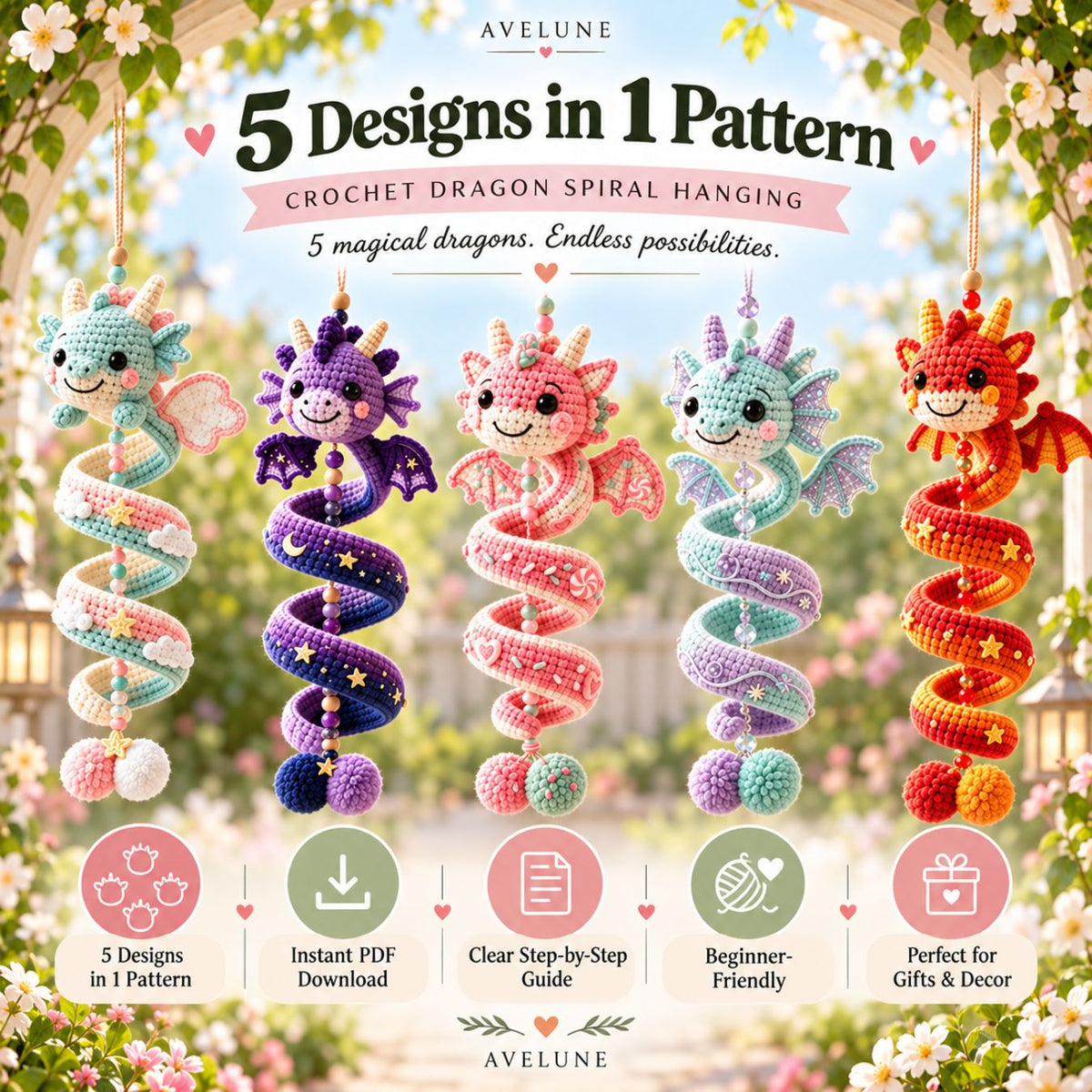 5-in-1 Crochet Dragon Spiral Hanging Pattern PDF – Cute Dragon Ornament, Beginner-Friendly Digital Download