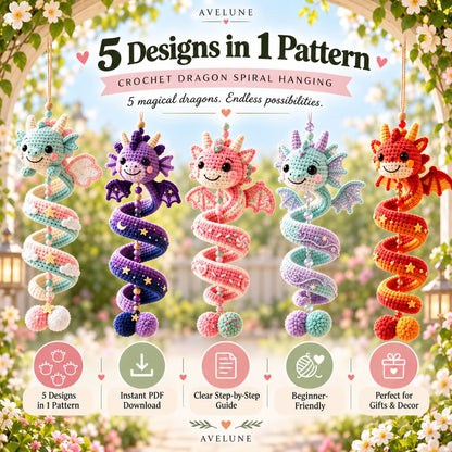 5-in-1 Crochet Dragon Spiral Hanging Pattern PDF – Cute Dragon Ornament, Beginner-Friendly Digital Download