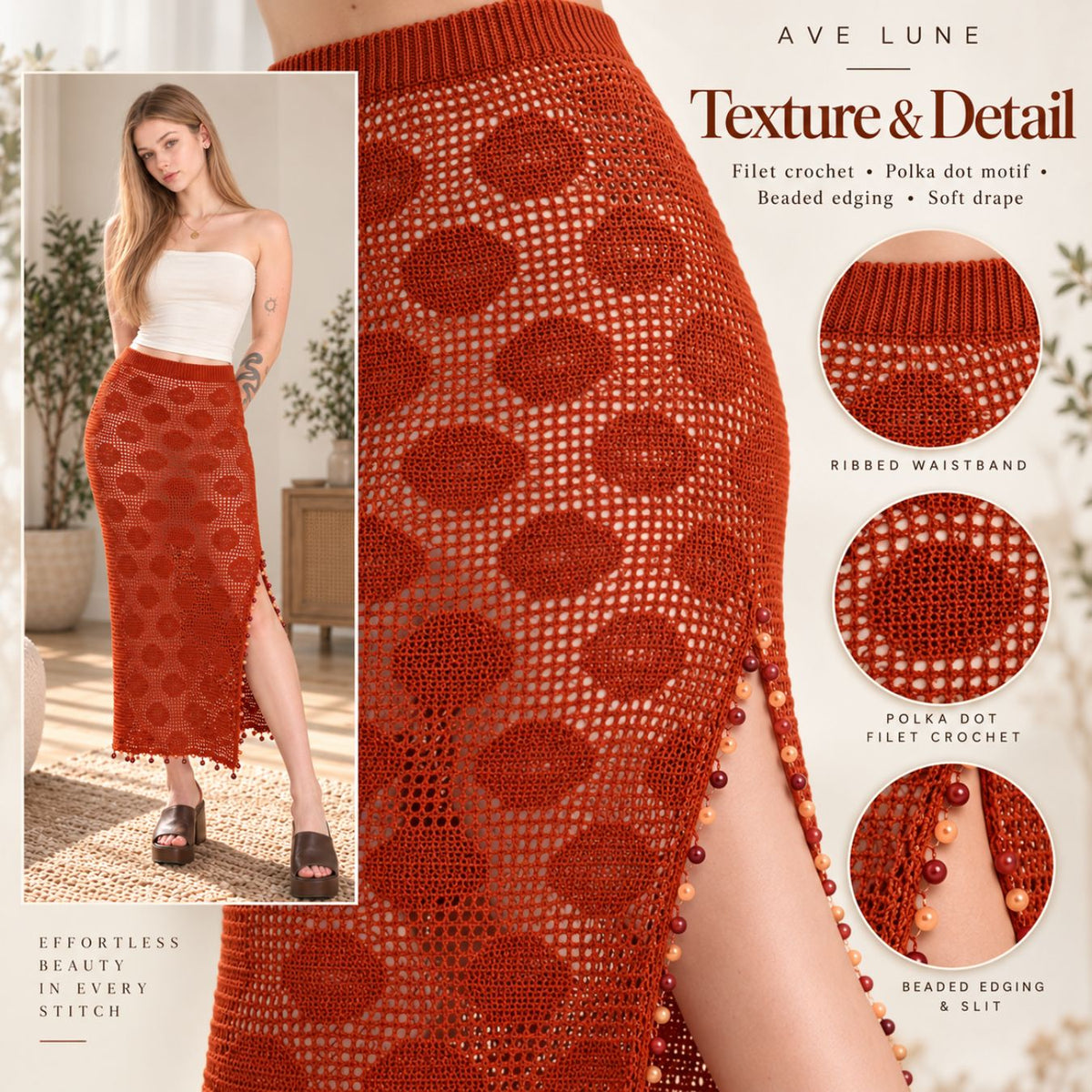 Sienna Polka Dot Maxi Skirt Crochet Pattern PDF – Made-to-Measure Filet Crochet Skirt with Side Slit
