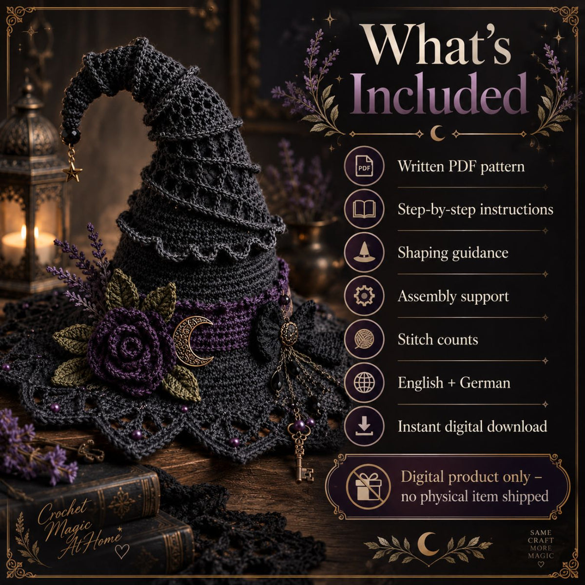 Moonlit Thorn Lace Witch Hat Crochet Pattern PDF – Gothic Witch Hat Pattern, English + German