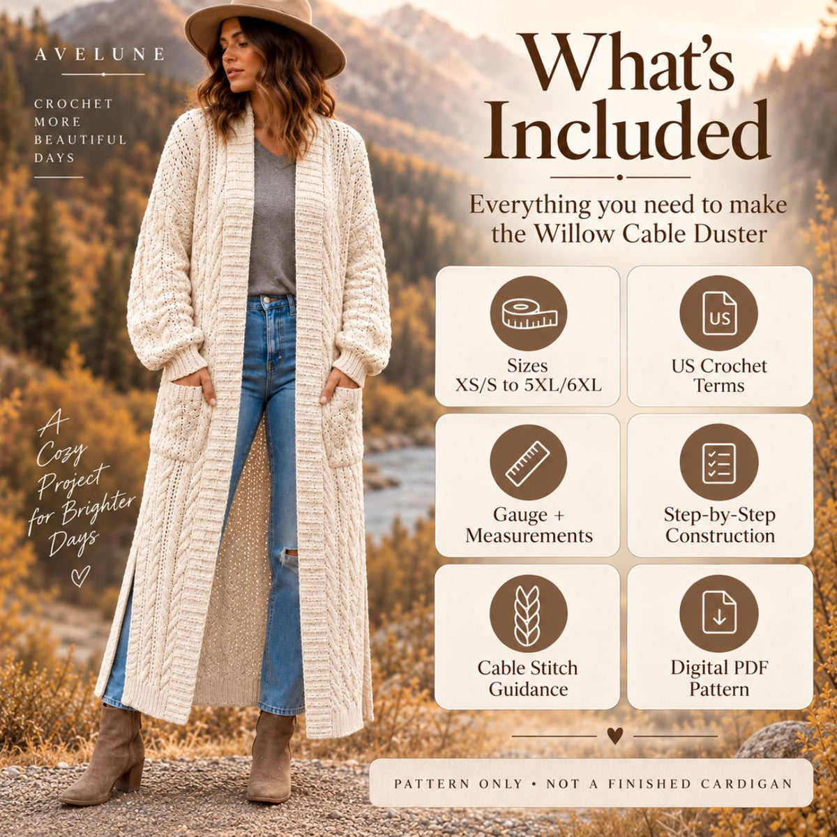 Willow Cable Duster Cardigan Crochet Pattern PDF – Long Textured Cardigan
