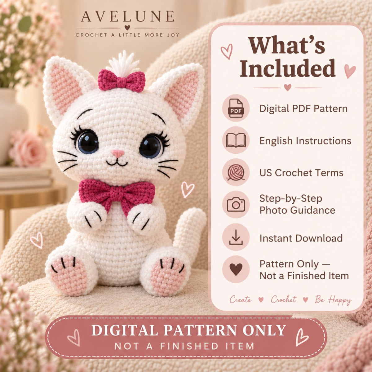 Kitty with Bow Crochet Pattern PDF – Plush Cat Amigurumi Pattern, English US Terms