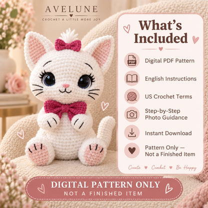 Kitty with Bow Crochet Pattern PDF – Plush Cat Amigurumi Pattern, English US Terms