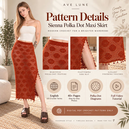Sienna Polka Dot Maxi Skirt Crochet Pattern PDF – Made-to-Measure Filet Crochet Skirt with Side Slit