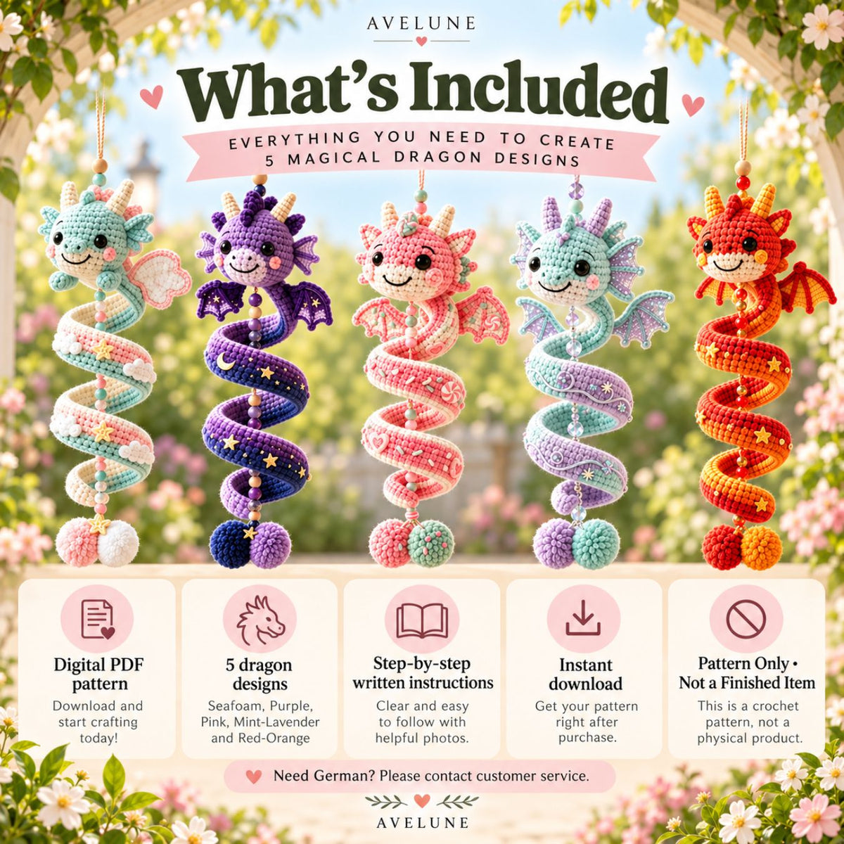 5-in-1 Crochet Dragon Spiral Hanging Pattern PDF – Cute Dragon Ornament, Beginner-Friendly Digital Download