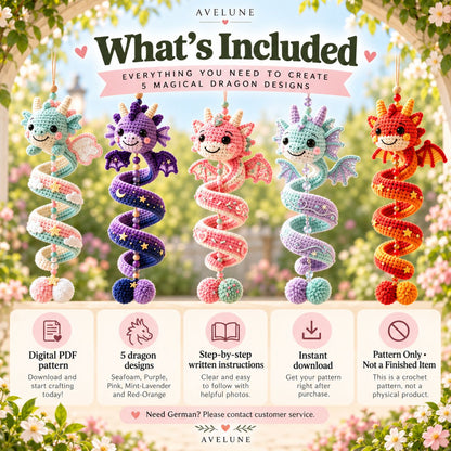 5-in-1 Crochet Dragon Spiral Hanging Pattern PDF – Cute Dragon Ornament, Beginner-Friendly Digital Download