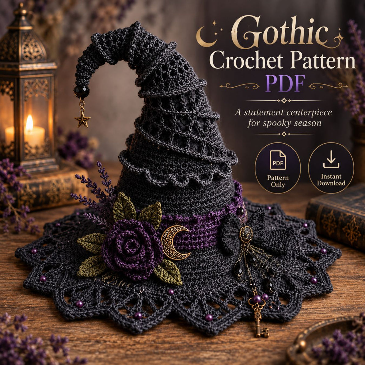 Moonlit Thorn Lace Witch Hat Crochet Pattern PDF – Gothic Witch Hat Pattern, English + German