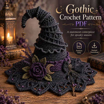 Moonlit Thorn Lace Witch Hat Crochet Pattern PDF – Gothic Witch Hat Pattern, English + German