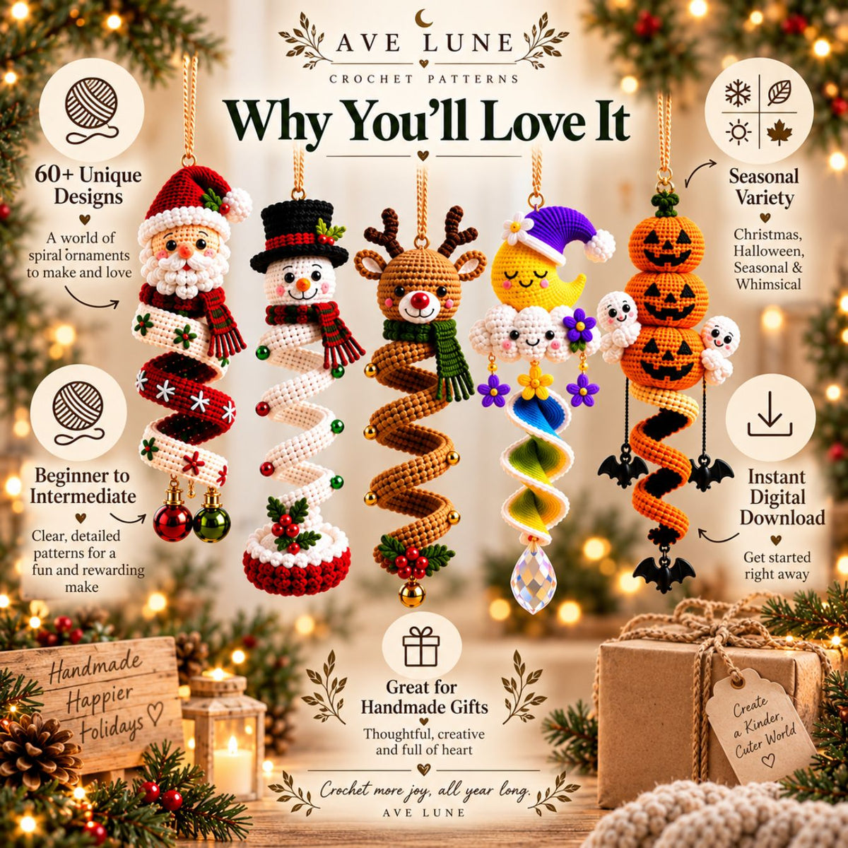 60+ Crochet Spiral Hanging Ornament Patterns PDF Bundle – Christmas, Halloween & Seasonal Decor Digital Download