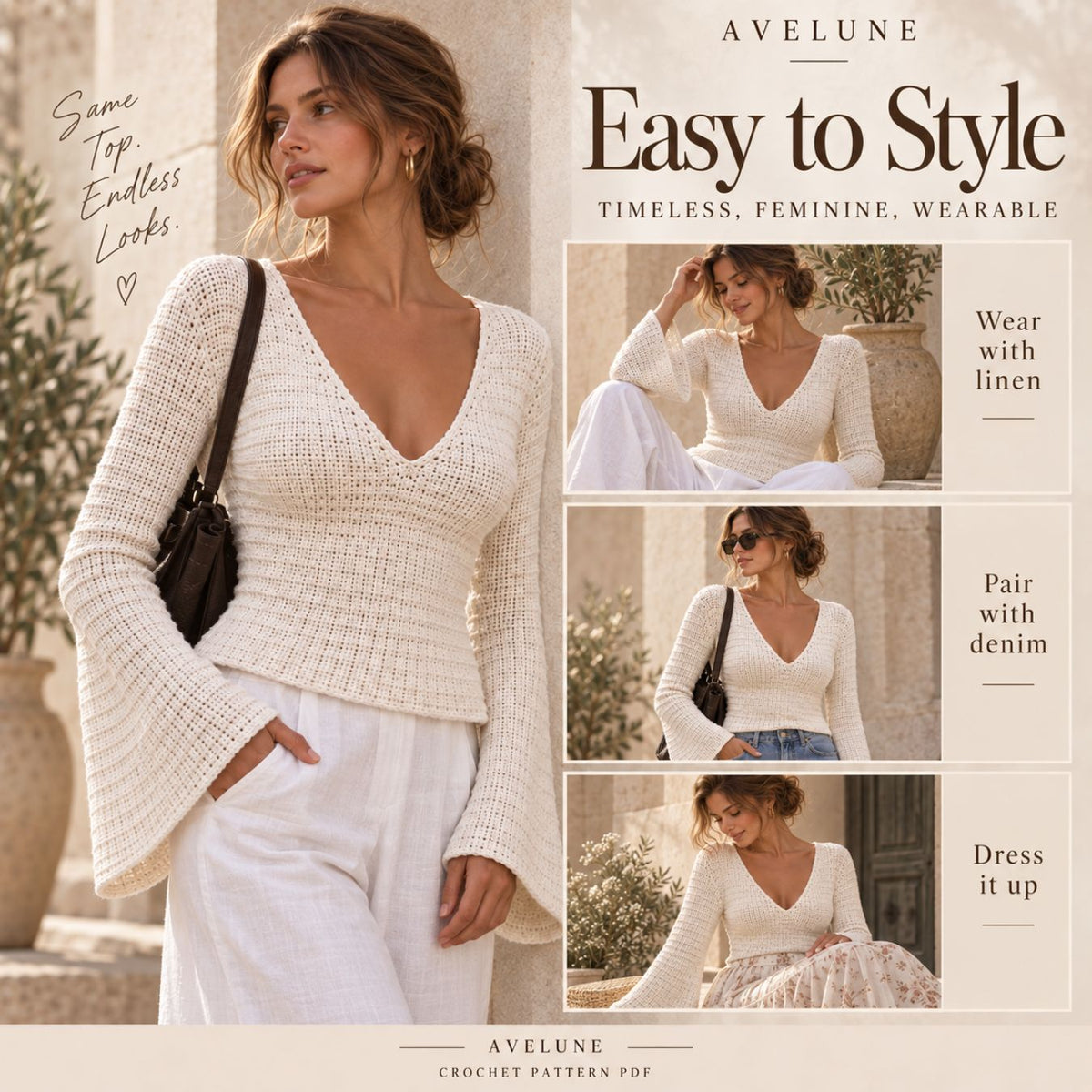 Ella Top Crochet Pattern PDF – Made-to-Measure Seamless V-Neck Top with Bell Sleeves
