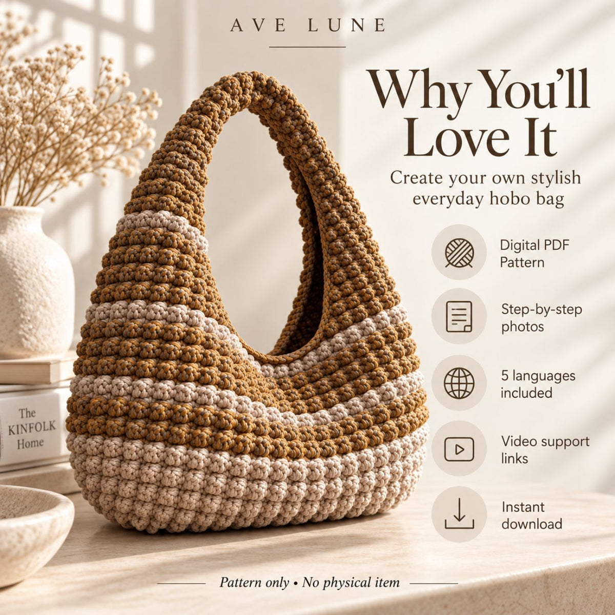 Crochet Hobo Bag Pattern PDF – Beginner-Friendly One-Piece Slouchy Shoulder Bag, 5 Languages