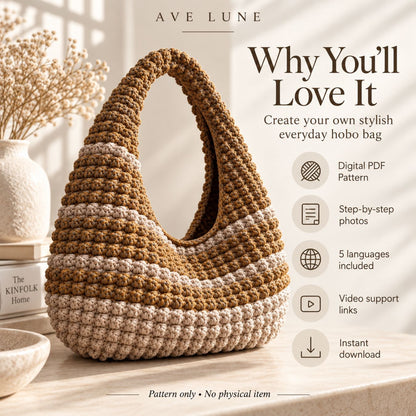 Crochet Hobo Bag Pattern PDF – Beginner-Friendly One-Piece Slouchy Shoulder Bag, 5 Languages