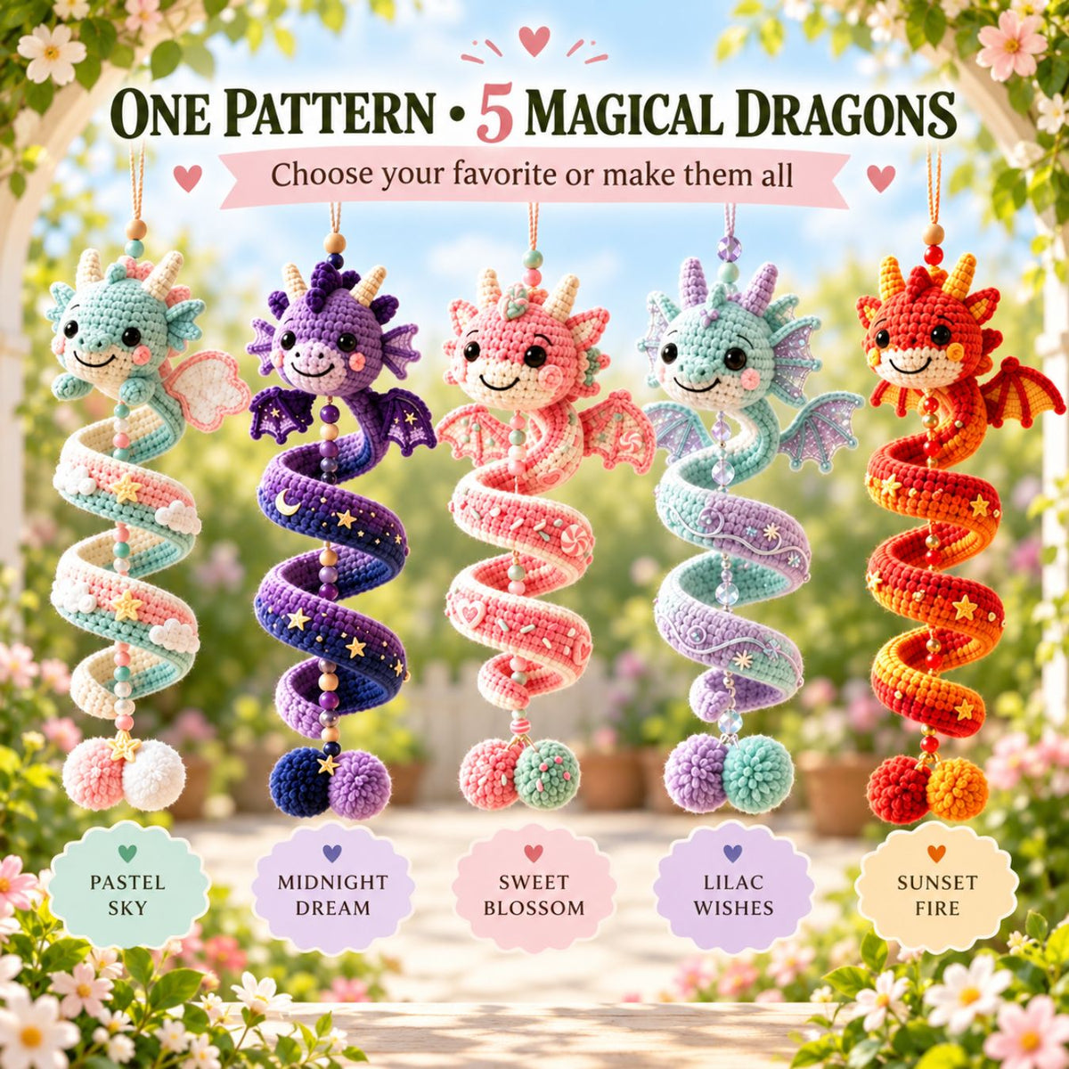 5-in-1 Crochet Dragon Spiral Hanging Pattern PDF – Cute Dragon Ornament, Beginner-Friendly Digital Download