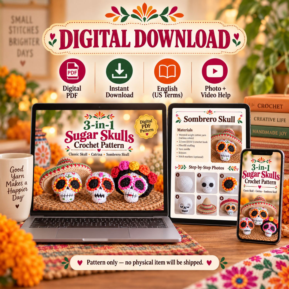 Sugar Skull Trio – 3 Crochet Patterns PDF
