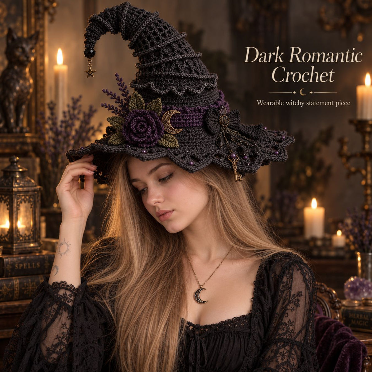 Moonlit Thorn Lace Witch Hat Crochet Pattern PDF – Gothic Witch Hat Pattern, English + German