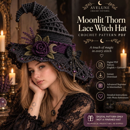 Moonlit Thorn Lace Witch Hat Crochet Pattern PDF – Gothic Witch Hat Pattern, English + German