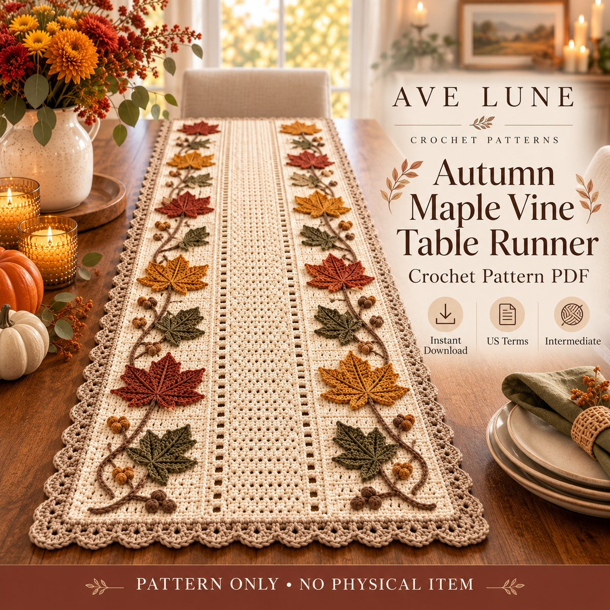 Autumn Maple Vine Table Runner Crochet Pattern PDF | Fall Thanksgiving Decor