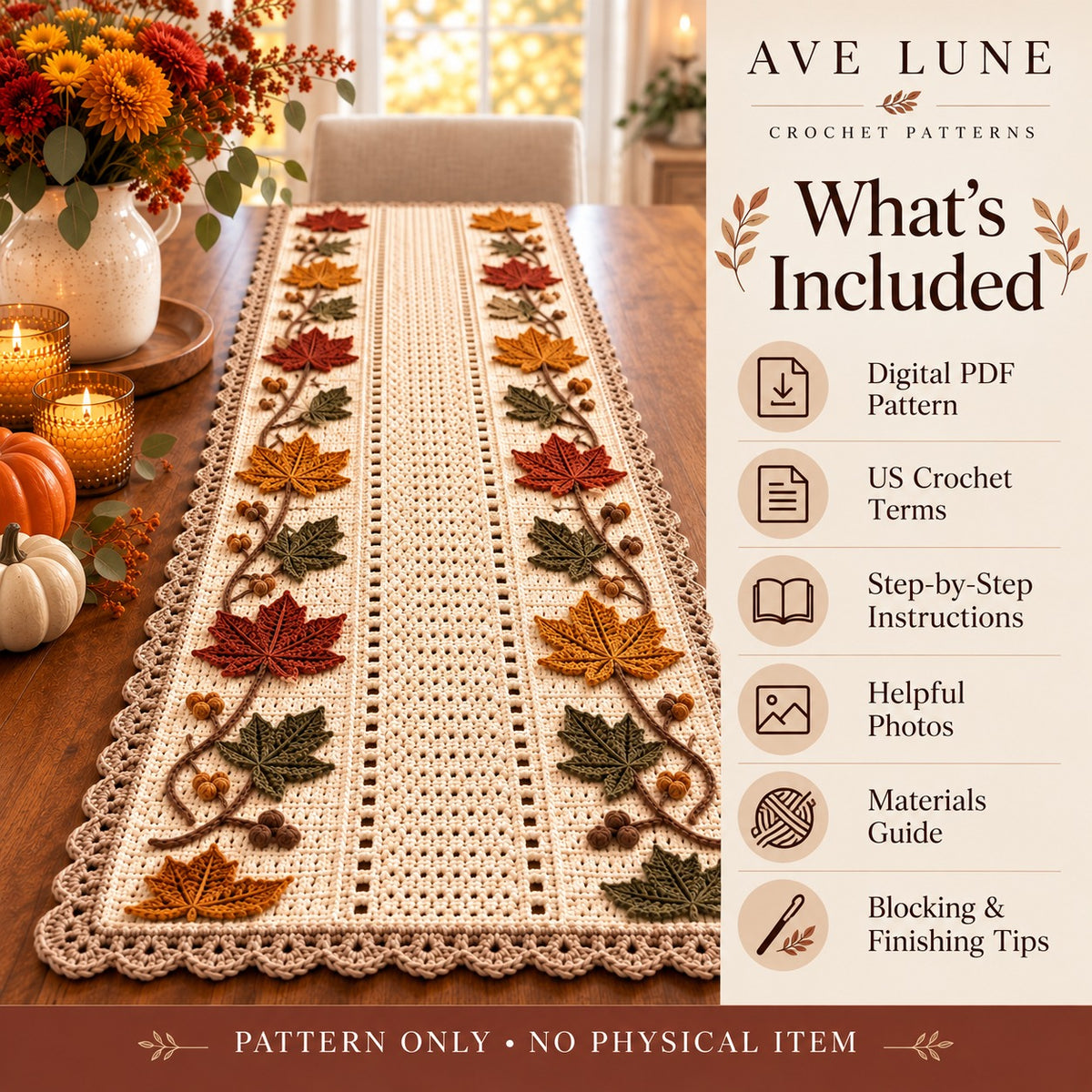 Autumn Maple Vine Table Runner Crochet Pattern PDF | Fall Thanksgiving Decor