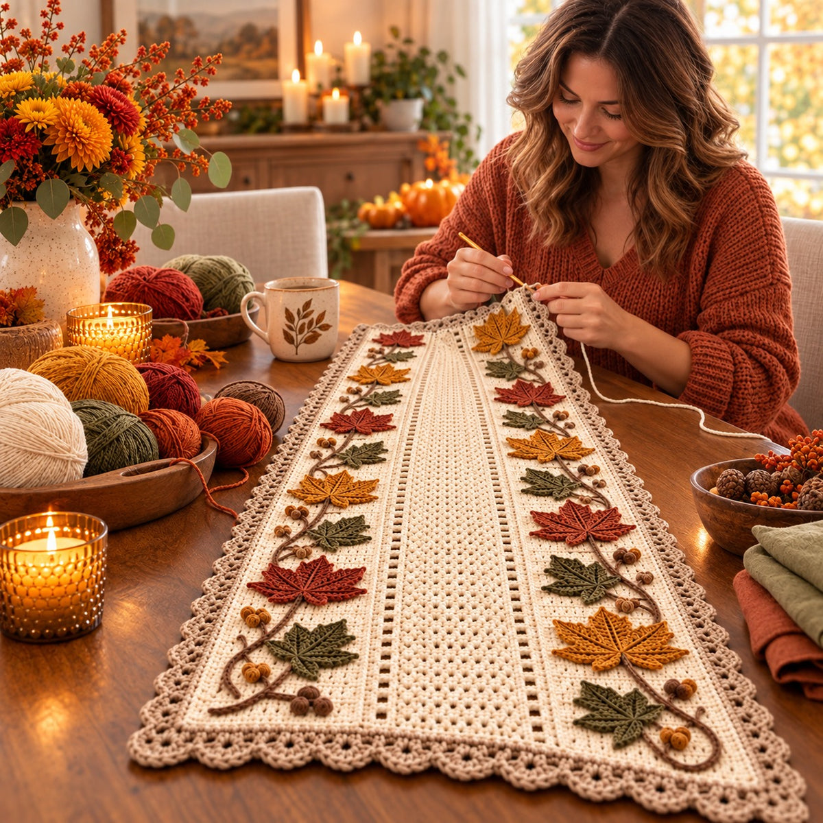 Autumn Maple Vine Table Runner Crochet Pattern PDF | Fall Thanksgiving Decor