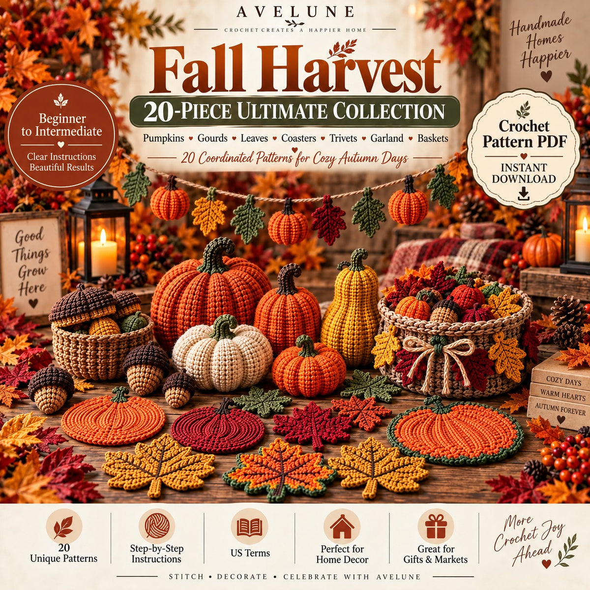 Fall Harvest 20-Piece Crochet Pattern Bundle PDF | Pumpkins, Leaves, Acorns & Autumn Decor